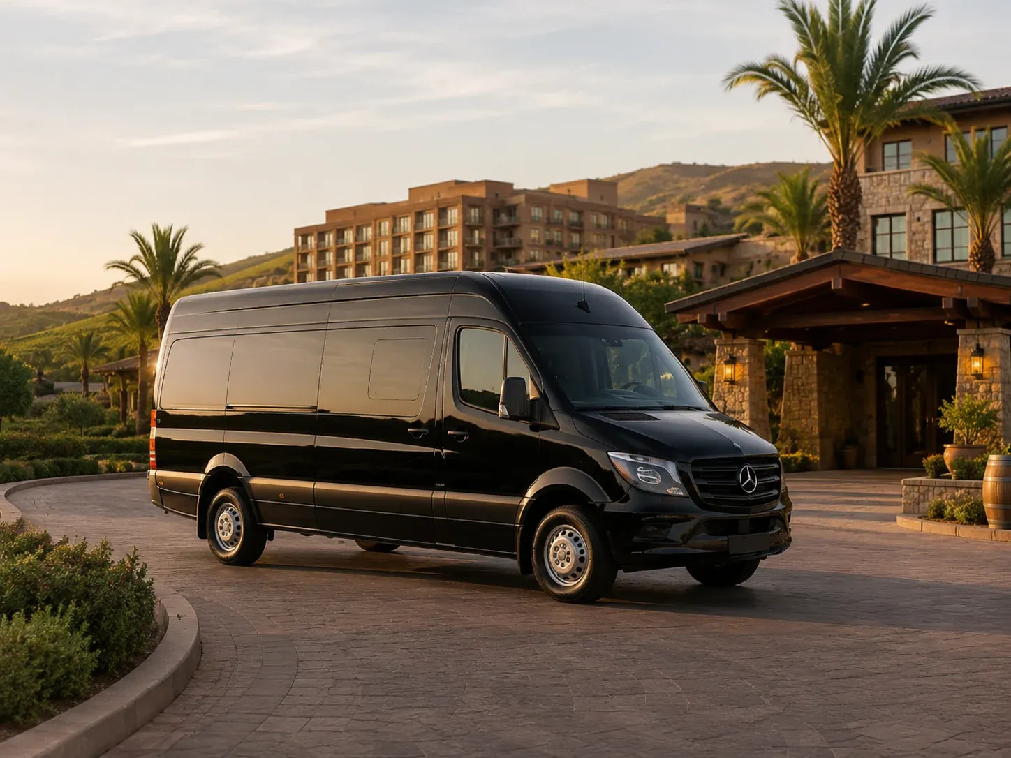 The Avalon — black Mercedes-Benz Sprinter limousine in side profile at dusk with blue underglow, Excalibur Executive, Oklahoma