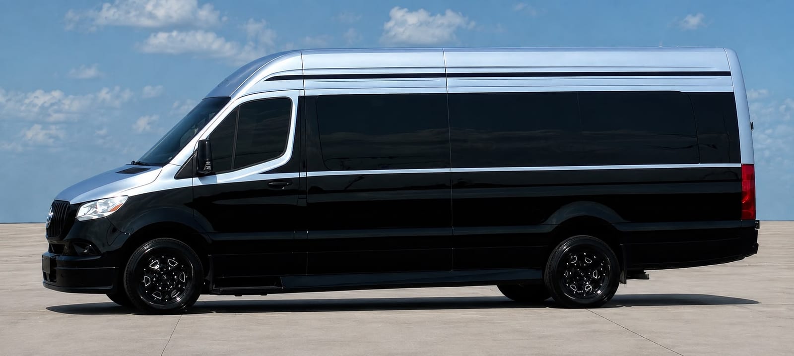 The Monarch Maybach — black Maybach luxury Mercedes-Benz Sprinter, front three-quarter view, Excalibur Executive Black Car Service, Oklahoma City